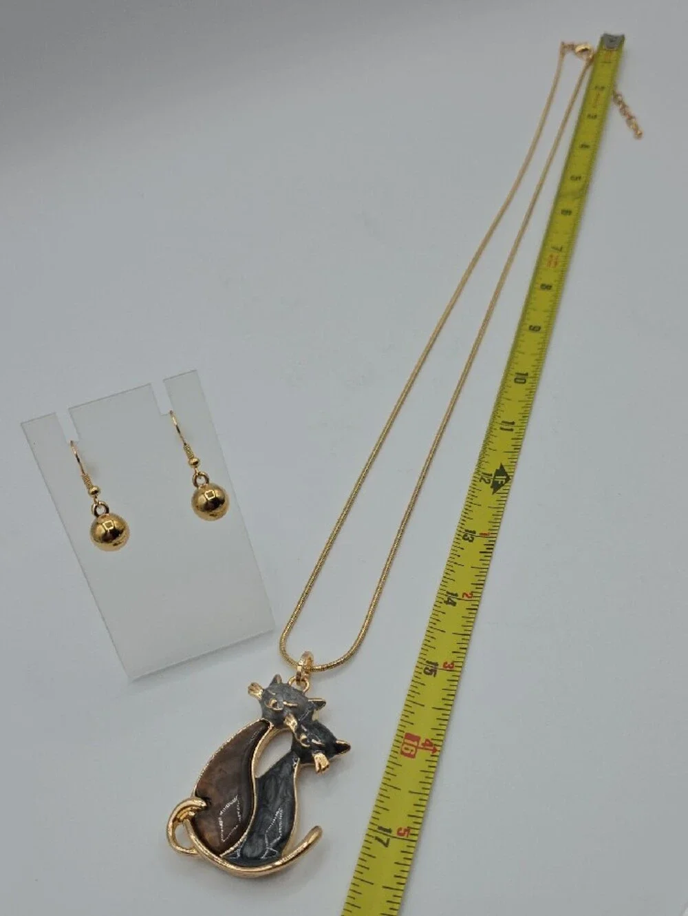Dual Cat Pendant Necklace with Brown & Black Enamel Cats And Golden Earrings